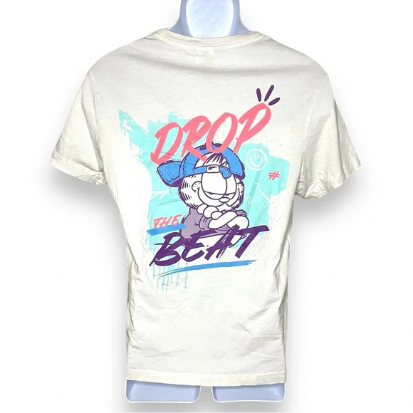 H&M Garfield Drop the Beat Graphic T-Shirt Small | Beige Cotton Tee - Picture 1 of 9